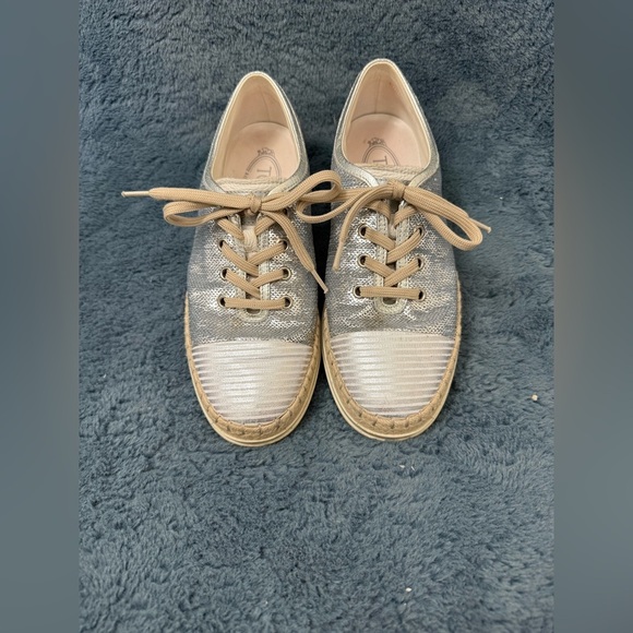TOD'S Silver Sequin Espadrille Lace-Up Sneakers Sz 36.5/6 Quiet Luxury Designer - Picture 2 of 11